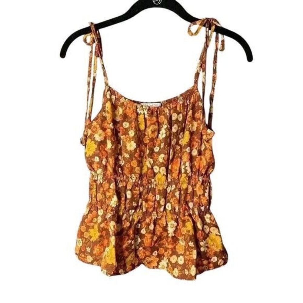 Floral Tie-Shoulder Tank Top in Autumn Brown Tones with Peplum Detail‎